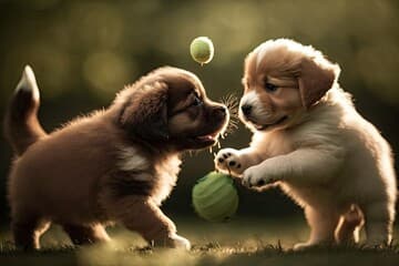 Series of shots showing cute puppies playing with each other in a park. The puppies are of different breeds and colors. They are running, jumping, and playing fetch. The background of the image is a park with trees and grass.

