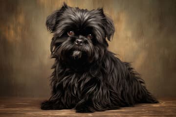 This image showcases an Affenpinscher, a small breed of dog known for its unique and charming appearance. The dog has a wiry black coat that is slightly tousled, and its face is characterized by expressive eyes, a short snout, and a beard-like tuft of hair that hangs from its chin. The Affenpinscher in the picture is captured in a close-up shot, allowing viewers to appreciate the details of its features. With a mischievous yet endearing expression, this Affenpinscher represents the breed's playful and intelligent nature.