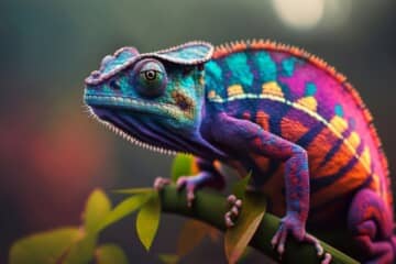 Image of a close-up of a chameleon.

The chameleon is a small, colorful reptile with a long tail and a prehensile tongue. It has a green body with yellow spots, and its face is a bright blue. The chameleon is sitting on a branch, and its eyes are focused on something off-camera.