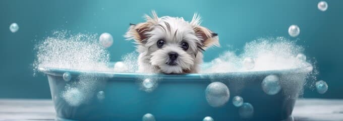 Image of a cute little dog taking a bath in a tub with foam. The dog is a golden retriever puppy and is sitting in a white bathtub filled with bubbles. The puppy is looking up at the camera with its tongue out.

