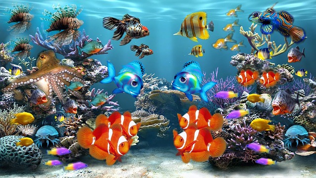 A close-up view of an aquarium with colorful fishes swimming in it. The fishes are of various sizes and colors, including red, blue, yellow, orange, and green. The aquarium is filled with plants and rocks, and the water is clear.